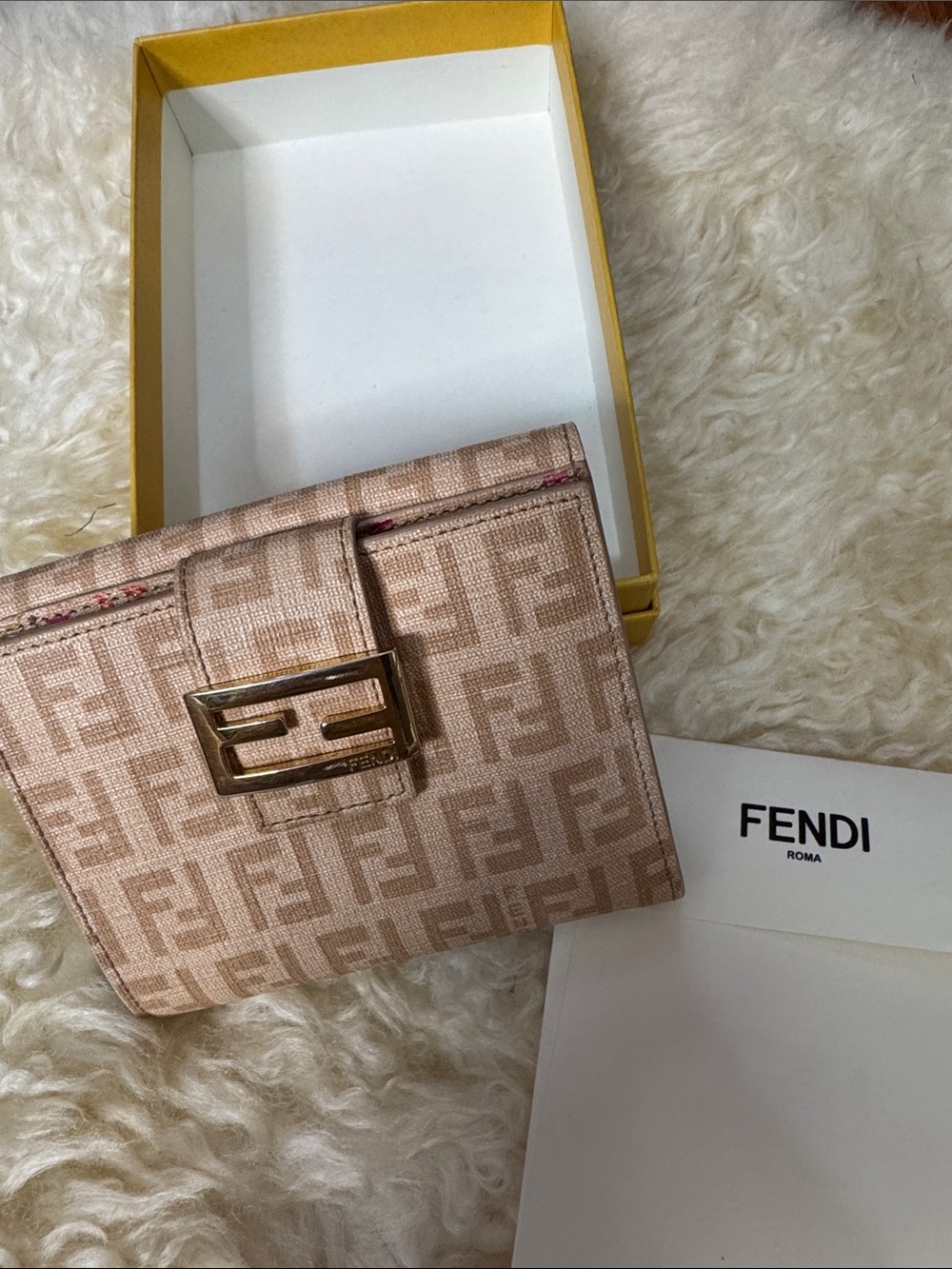 Fendi Beige Pink FF Logo Wallet with Gold Buckle